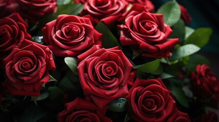 Obraz premium Bouquet of fresh roses blooms vibrantly, symbolizing romance and passion
