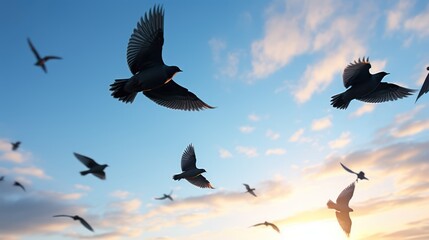 Flocks of birds soar across a chilly sky, embarking on their winter migration - obrazy, fototapety, plakaty