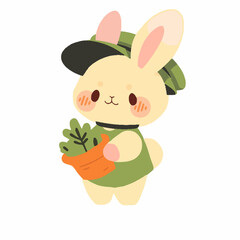 Cartoon style bunny planting a tree. Hand drawn Vector illustration.