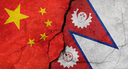 China and Nepal flags, concrete wall texture with cracks, grunge background, military conflict concept - obrazy, fototapety, plakaty
