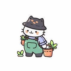 Cartoon style Cat planting a tree. Hand drawn Vector illustration.