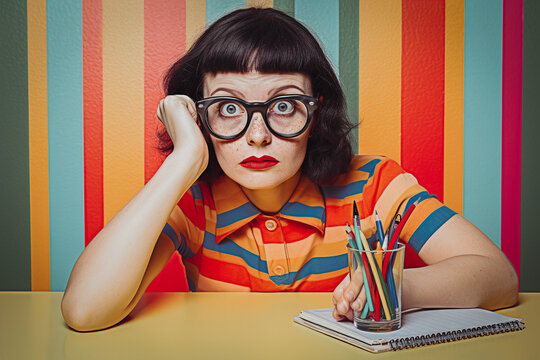 Femme brune des ann&eacute;es 70 avec lunettes assise a une table et se tenant la t&ecirc;te