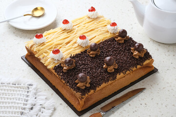 Delicious sweet cake dessert with chocolate and grated cheese topping
