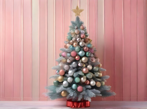 Painted Christmas tree background with knolling. Realistic