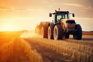 Tractor Works On Wheat Fields During Sunset On The Farm