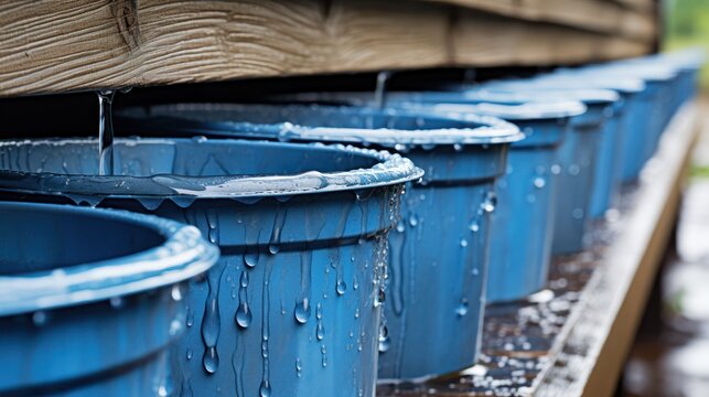 Gutter systems and barrels collect rain, emphasizing sustainable water conservation through rainwater harvesting