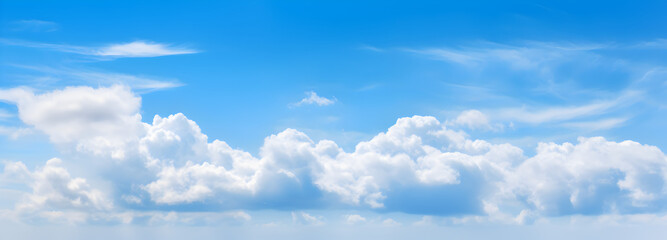 Panorama of blue sky and soft white cumulus clouds in the sunshine with copy space