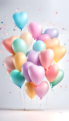 Obraz premium A whitish background material with lots of bright colorful pastel heart-shaped balloon decorations and space for text. Baby birth or birthday celebration background.