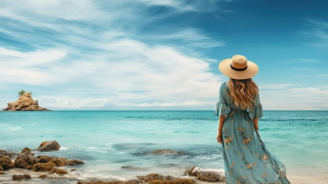 Girl sits serenely on a beach, the captivating turquoise waters beside her painting a picture of paradise