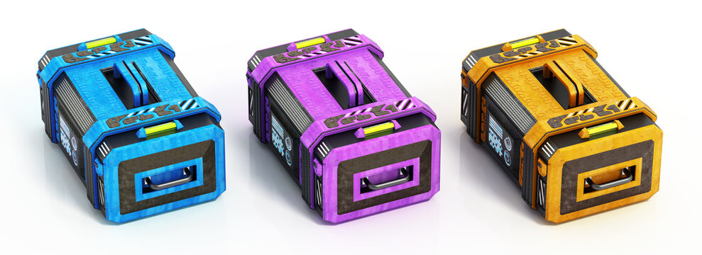 Sci-fi treasure chests isolated on white background. 3D illustration