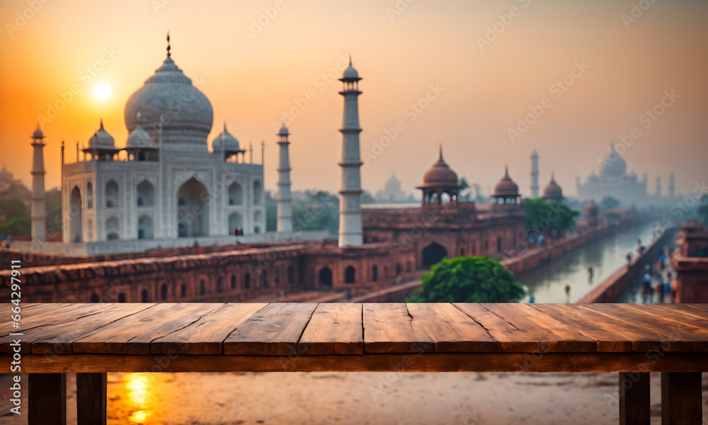 Wall mural the empty wooden table top with blur background of india city