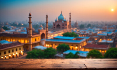 The empty wooden table top with blur background of india city