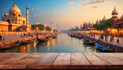 The empty wooden table top with blur background of india city - obrazy, fototapety, plakaty