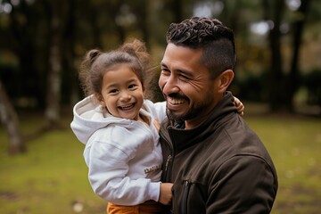 Hispanic dad hugging his little daughter in the park - father and daughter outdoors smiling face to face. - obrazy, fototapety, plakaty