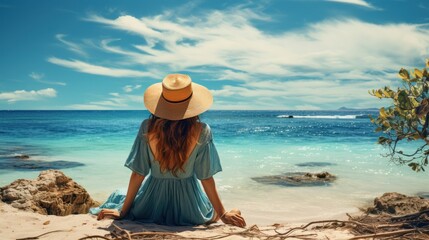 Fototapeta na wymiar Girl sits serenely on a beach, the captivating turquoise waters beside her painting a picture of paradise