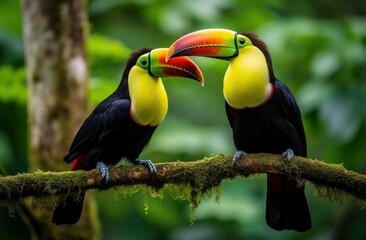 Toucan sitting on the branch in the forest.