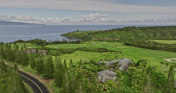 Maui Hawaii Aerial v16 low level drone flyover Kapalua Plantation Golf Course towards Honolua Bay capturing lush fairways and breathtaking pacific ocean views - Shot with Mavic 3 Cine - December 2022