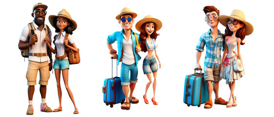 3d cartoon character tourist couple man and woman going to vacation, bags and hats, happy summer, digital illustration