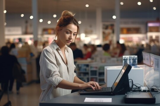 Beautiful young woman working on a laptop in a public place. Fictional characters created by Generated AI.