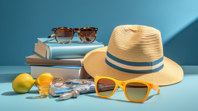 Escape tools like books, hats, and sunglasses are laid out, suggesting quick getaways and the idea of mini one-day vacations