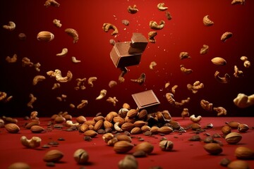 nuts in flight, chocolate backdrop. Generative AI