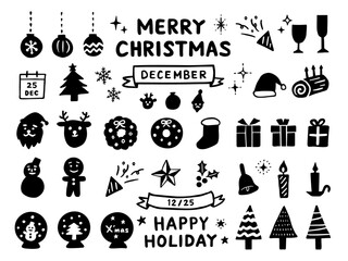 手描きのクリスマスアイコンセット　モノクロ