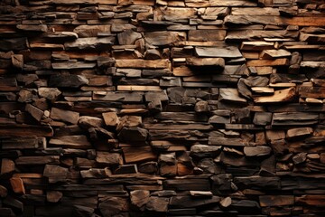An abstract background image offers a close-up view of a stacked stone wall made from sliced stones, emphasizing the distinctive texture and patterns in the composition. Photorealistic illustration - obrazy, fototapety, plakaty