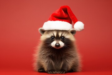 Christmas cute funny raccoon in red Santa hat - obrazy, fototapety, plakaty