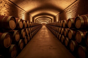 Rows of wooden barrels in wine cellar in Rioja, Spain. Generative AI