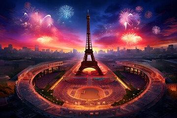 View of fictional objects against the backdrop of the Eiffel Tower. Concept of the Olympic Games in Paris 2024