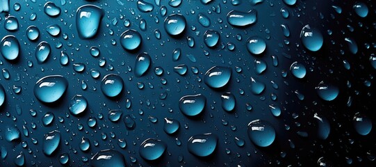 In a wide-format abstract background image, water droplets on a smooth surface capture light reflections, creating a shimmering composition. Photorealistic illustration