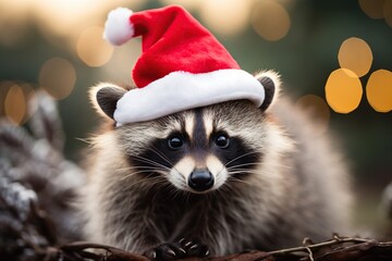 Fototapeta na wymiar Christmas cute funny baby raccoon in red Santa hat