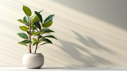 House plant in a pot against a white wall background, sunlight and shadows, copy space for text