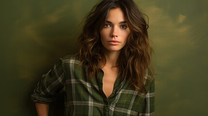 Naklejka premium Model in Plaid Shirt on Olive Green Background