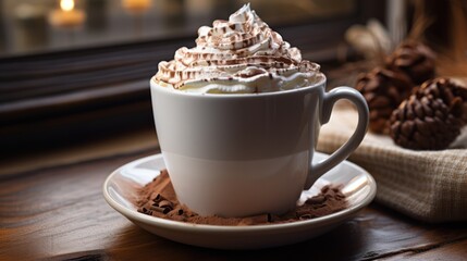 Mug of hot chocolate steams invitingly, topped with whipped cream and a sprinkle of cocoa