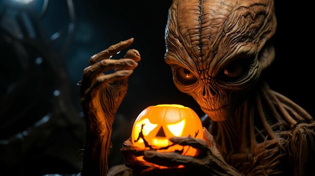 AI generated illustration of an alien character holding a carved pumpkin