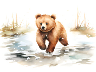 Watercolor illustration of a cute little brown bear playing in water, white background
