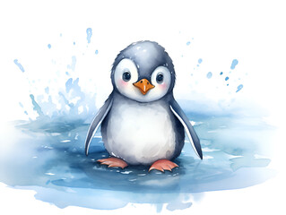 Watercolor illustration of a cute little Pinguin,  blue and white background