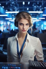 Attractive business woman wearing headphones and a necklace. Fictional characters created by Generated AI.