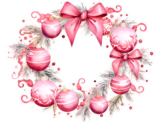 Watercolor wreath with pink Christmas ornament balls isolated on white background 