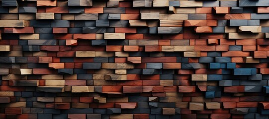 In a wide-format abstract background image, stacked wood blocks are colorfully painted, creating a visually engaging and vibrant composition. Photorealistic illustration
