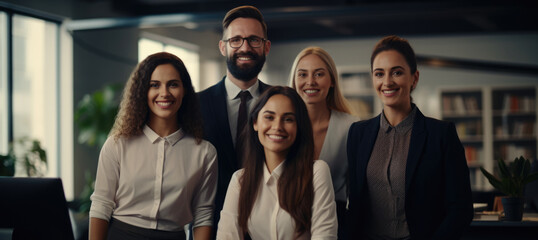 Fototapeta premium Professional group of six people smiling at the camera. Fictional characters created by Generated AI.