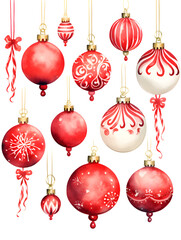 Watercolor set of different red Christmas ornament balls isolated on white background 