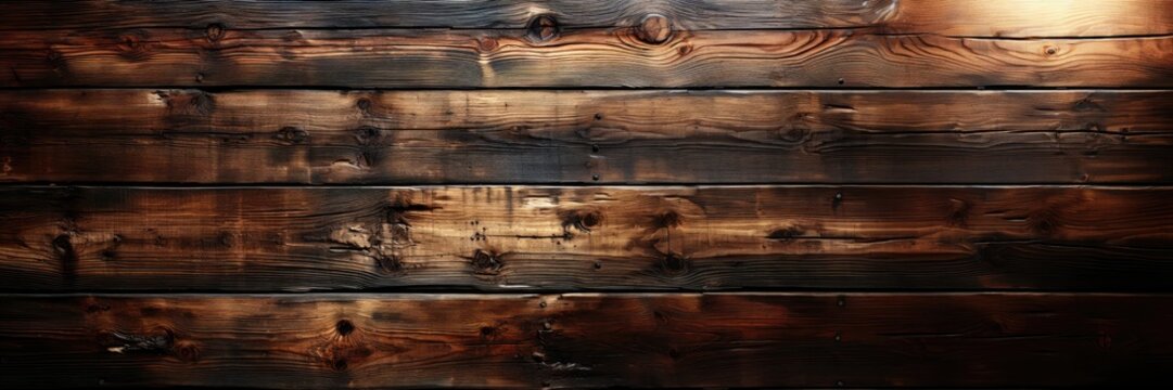 In a wide-format abstract background image, an aged and burnt wood wall is made from untreated boards, creating a composition with a weathered appearance. Photorealistic illustration