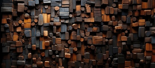 In a wide-format abstract background image, a pile of wood blocks in various shapes is arranged, creating a visually engaging and dynamic composition. Photorealistic illustration