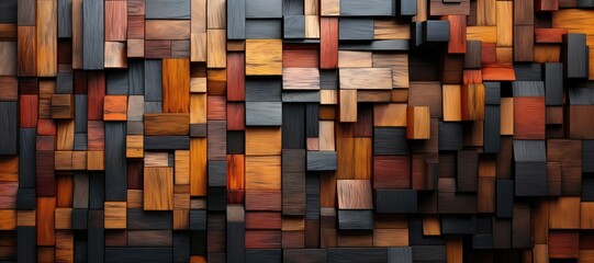 In a wide-format abstract background image, a wall is created from colorfully stained wood blocks meticulously assembled to form a three-dimensional composition. Photorealistic illustration