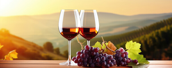Wine Glasses And Grapes In Vineyard Scene - obrazy, fototapety, plakaty