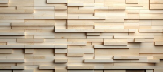 In a wide-format abstract background image, a new wall is constructed using untreated plywood blocks, creating a three-dimensional composition. Photorealistic illustration