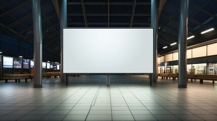 Blank billboard stands prominently in an airport setting, awaiting advertising content - obrazy, fototapety, plakaty