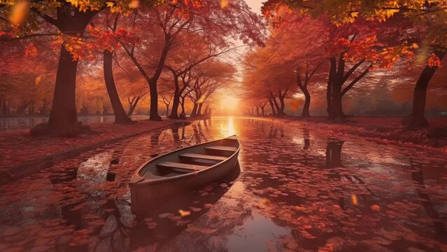 Autumn forest path. Orange color tree. wooden boat on nature autumn. Nature scene in sunset. Cartoon or anime illustration video style background